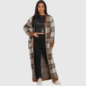 0044.  Plaid Longline Cardigan - Brown and Cream